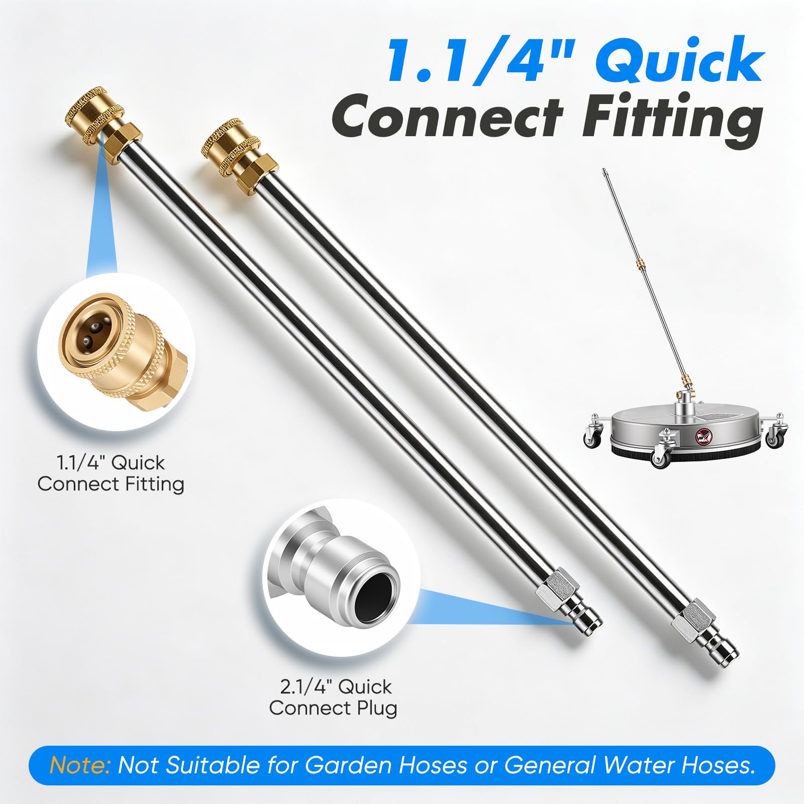 Limpiador Superficies para Hidrolavadoras, Limpiador Superficies 15" Máquina para Limpiar Adoquines con 4 Ruedas Carcasa Acero Inoxidable Conector Rápido 1/4 Pulgada y 2 Lanzas Extensión (15")