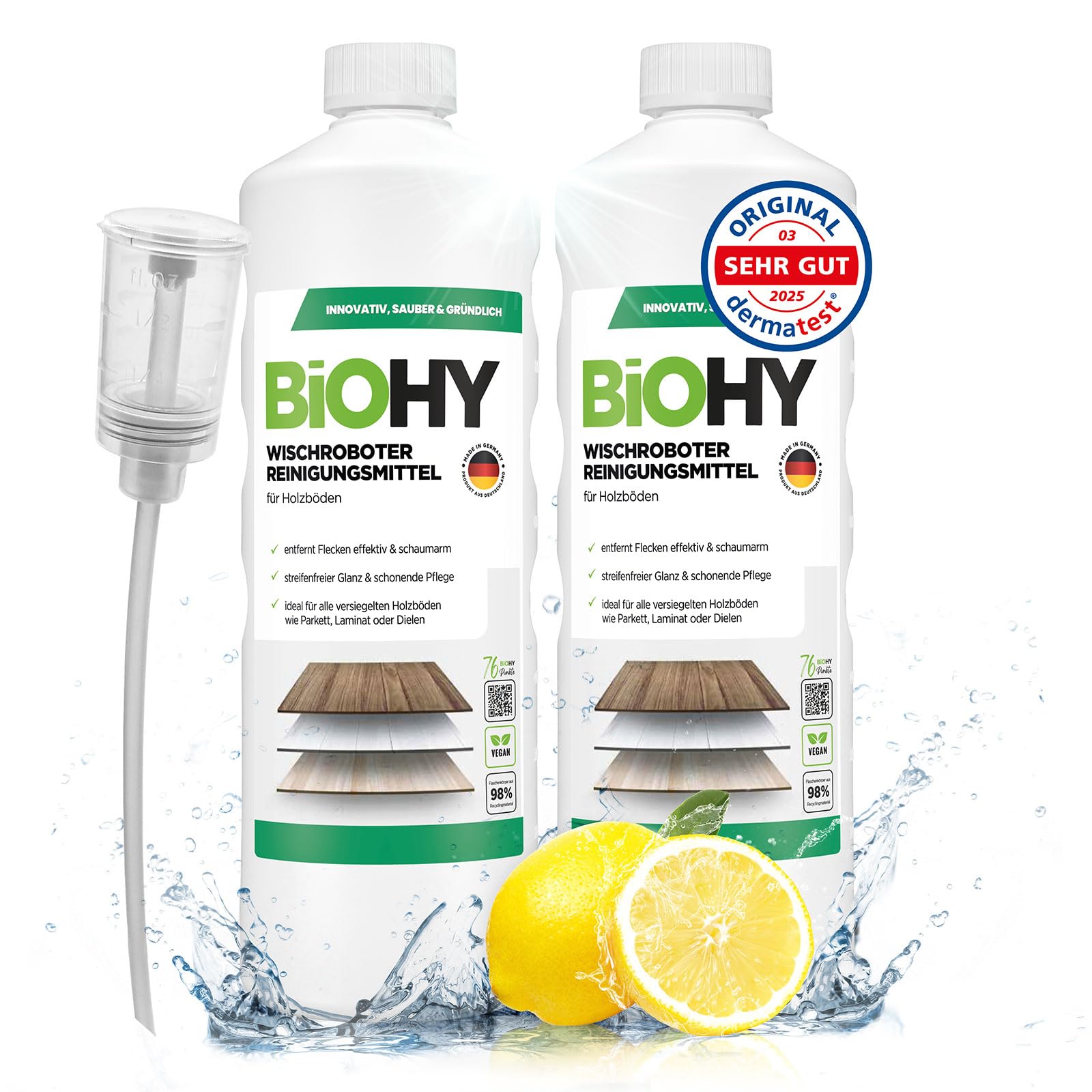 BiOHY Wischroboter Reinigungsmittel Holzböden (2 x 1 Liter) mit Dosierer
