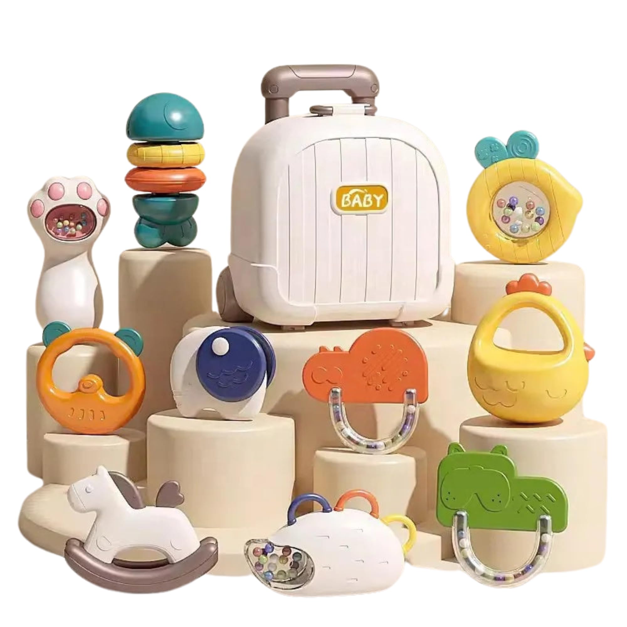 Sponsored Ad – 10pcs Baby Rattle Toy Set with Suitcase | A Grade Plastic & Silicone | Early Educational Newborn Shaker, Grinding Toys | Boilable & BPA-Free | 2-in-1 Infant Soothing Toys