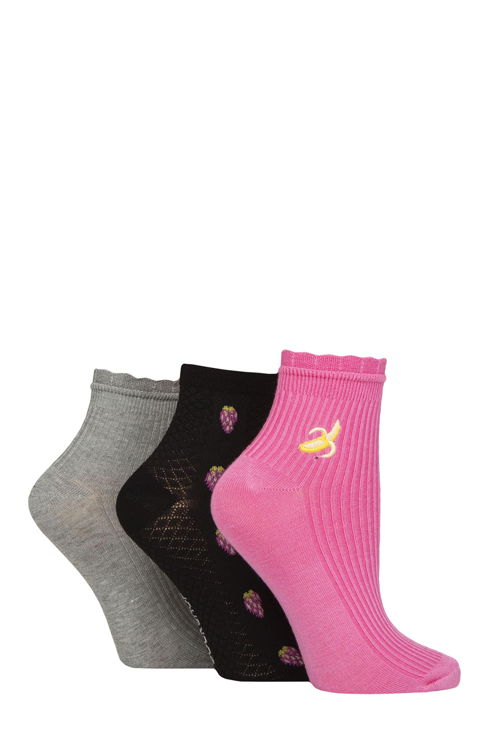 ELLE Ladies Bamboo Anklet Socks - With Frill Welt Cuff, Embroidered Motifs, Textured Weaves,Ribbed in Soft Breathable Cooling Material Multipack of 3 Pairs Size 4-8 Pink Fruits