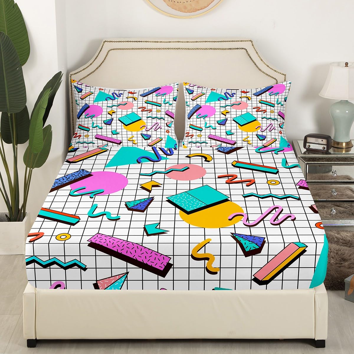 Memphis Fitted Sheet King Size, Retro 80s or 90s Geometric Fashion Style Bed Cover with 2 Pillowcases - Image 3