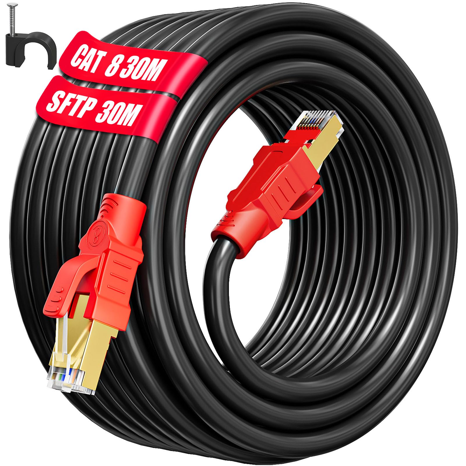 Soibke Cavo Ethernet 30 Metri, Cat 8 Cavo di Rete Schermato per Esterno | Interno Cavo LAN 30m Alta Velocità RJ45 Gigabit 40Gbps 2000MHz SFTP 26AWG Cavo Internet Patch Lungo Nero per Router Modem
