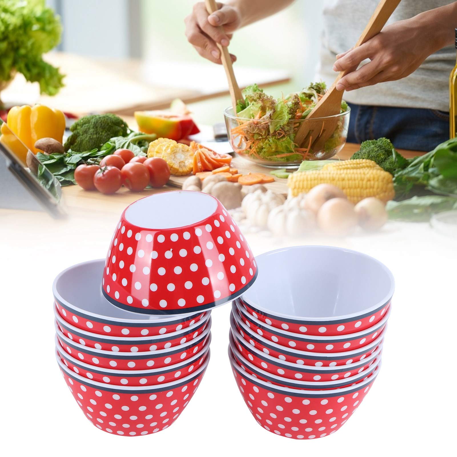 12 Uds. Ensaladeras de 6 pulgadas, cuencos para servir comida, vajilla de porcelana de imitación (Roja con punto)