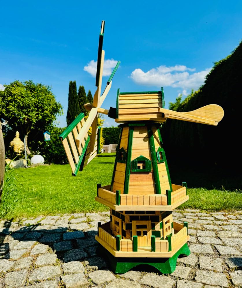Handgefertigte sechseck Doppelstock Garten Windmühle aus Holz Natur/Grün Höhe 93 cm
