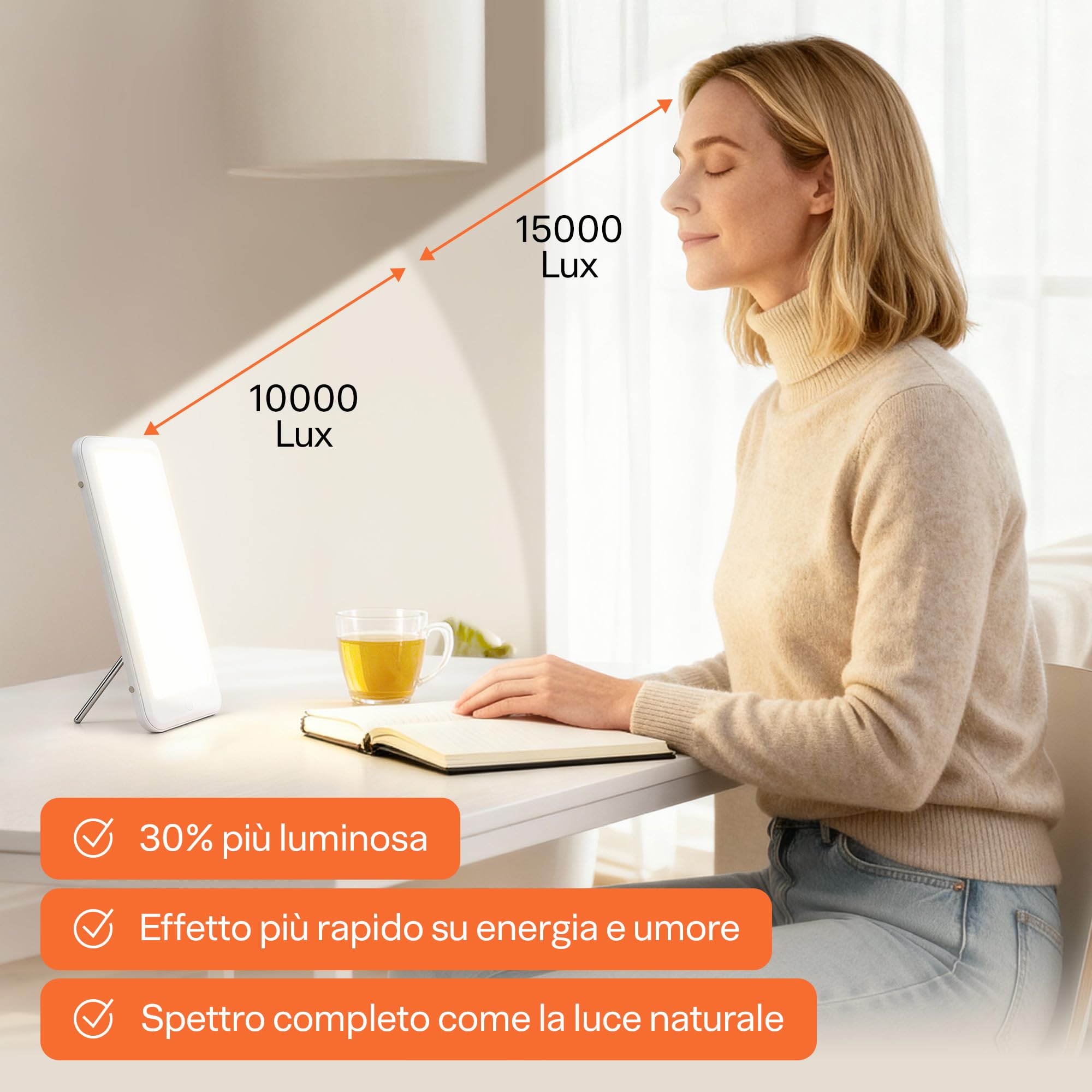 Top Life Lampada per Terapia della Luce 15000 lux - Dispositivo Potente per il Buon Umore - Regolabile a 3 Intensità (6 000, 10 000, 15 000)