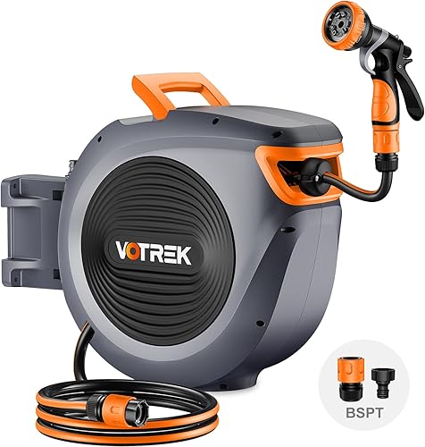 Carrete de manguera de jardín retráctil exterior 12 pulgada x 100 pies, carrete de manguera VOTREK de rebobinado automático montado en la pared