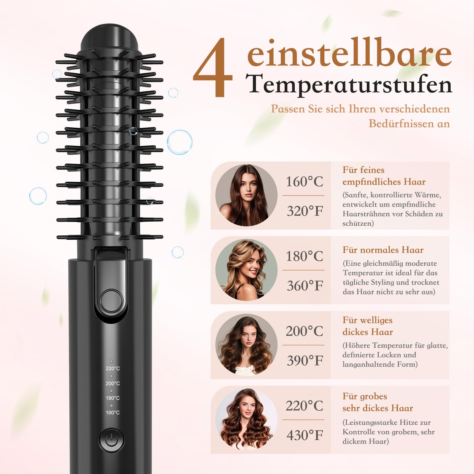 Kabellose Lockenstabbürste, Tragbare Reise Lockenstab, 6800 mAh USB-aufladbare Mini Lockenbürste Stylingbürsten mit Negativen Ionen, 4 Stufig Regelbare Temperatur 160-220℃(Schwarz)