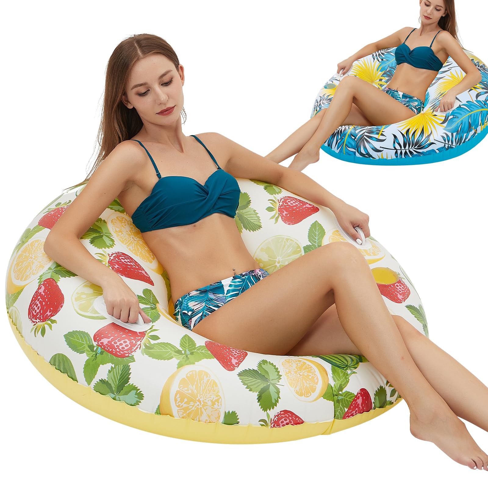 2 Pack Pool Float Adult, River Tubes for Floating Heavy Duty, River Floats with Mesh Bottom, Cup Holders, Heavy-Duty Handles, Headrest, Inflatable Float Tube for Beach Lake Rafting