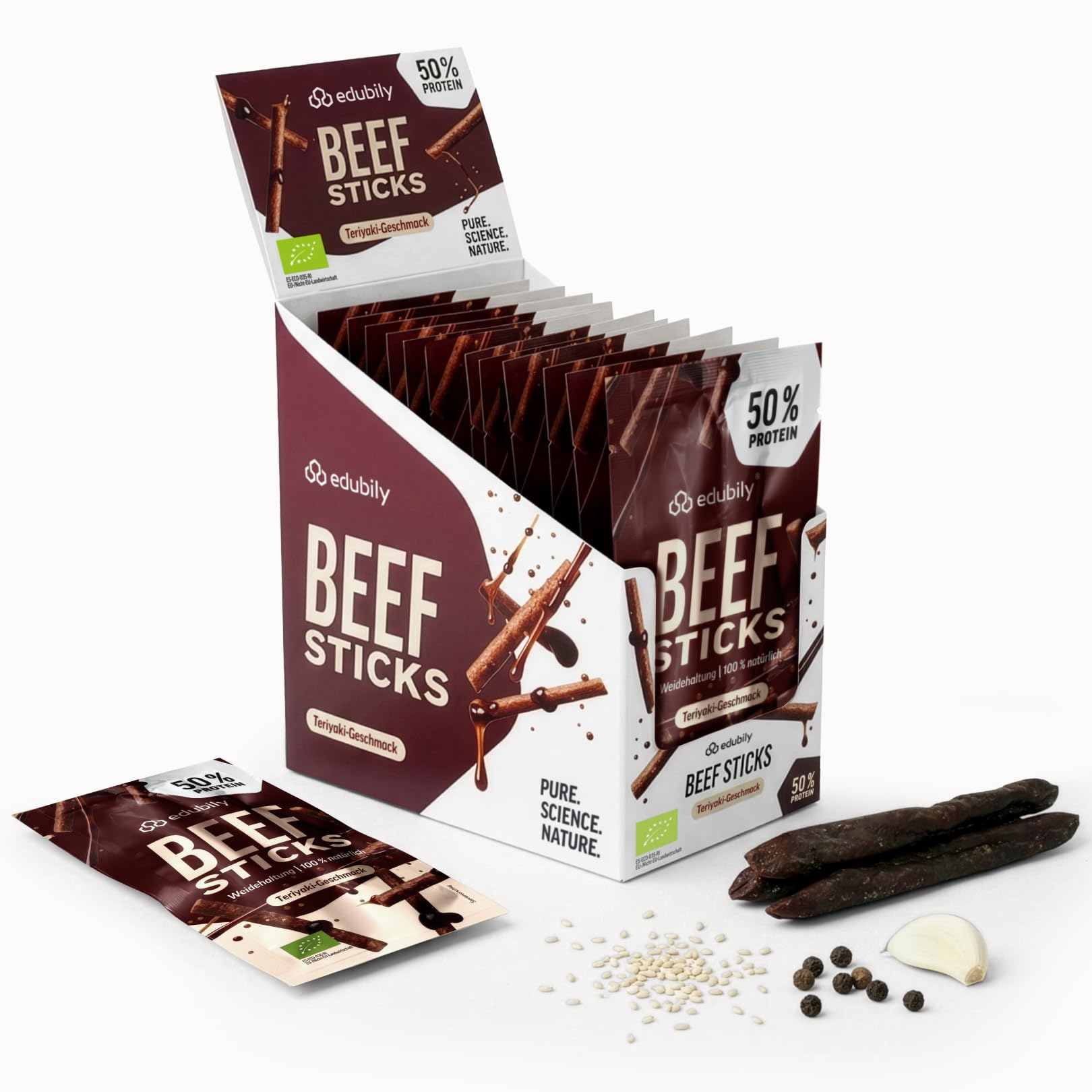 edubily® Beef Sticks Teriyaki - Beef Jerky Snack als herzhafter Protein-Snack für unterwegs - mit 50% Protein aus Bio-Rindfleisch & Tamari-Sauce - low carb (12x25 g, glutenfrei, Bio)