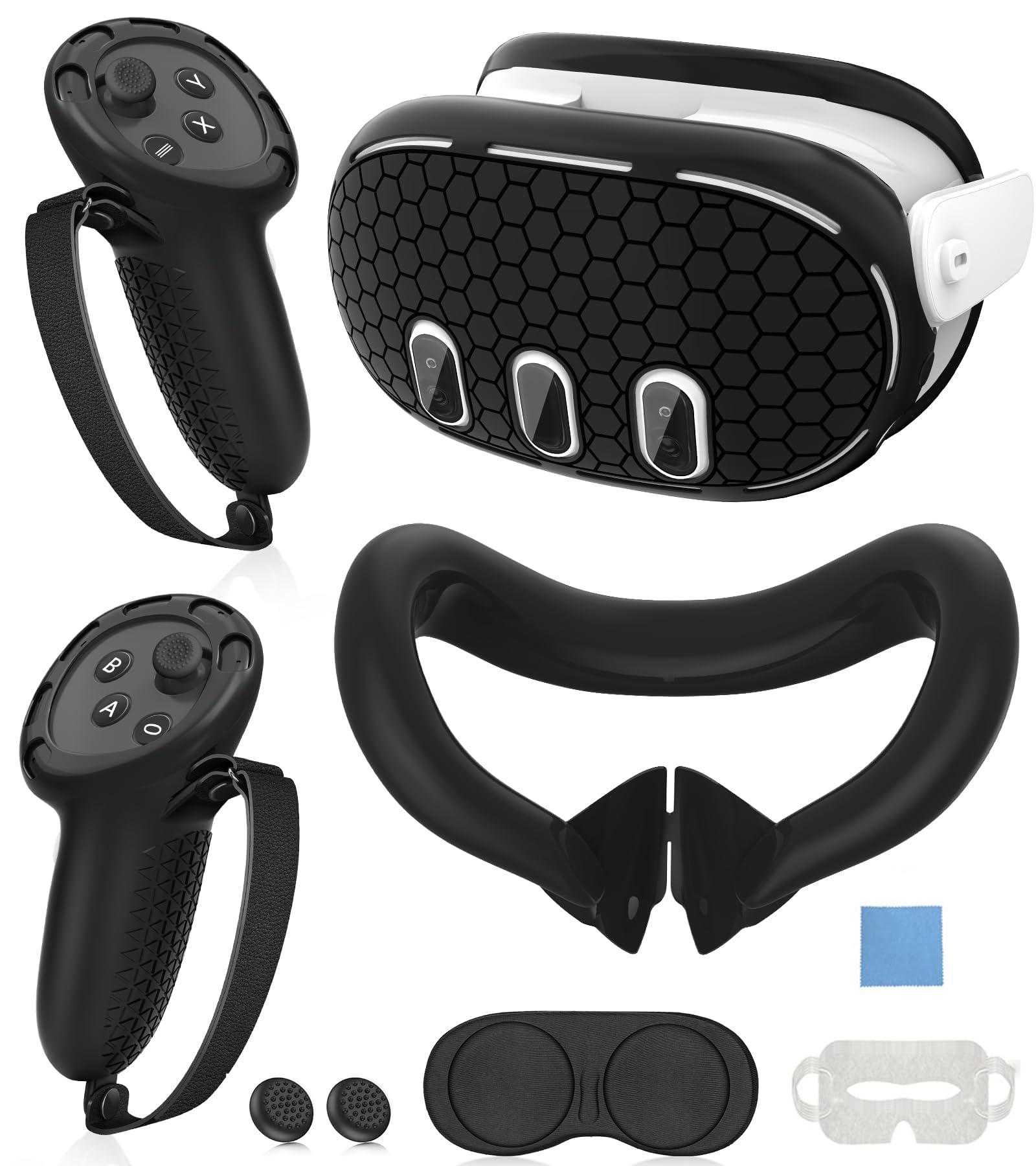 Silicone Cover Set Compatible with Oculus/Meta Quest 3, VR Accessories Protective Cover Includes Controller Grips, Front Shell Headset Cover and Face Cover, Lens Protector, Gift for Christmas (Black)
