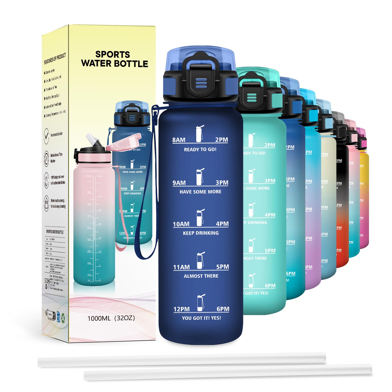 JAPORIA Borraccia 1L, Bottiglia Idratazione con Cannuccia, Indicatore Tempo, Antigoccia, Riutilizzabile, per Ciclismo, Escursionismo, Lavoro