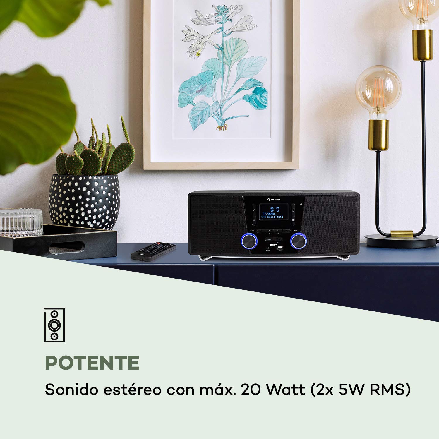 auna Stockton - Equipo de música estéreo, Potencia de 20 W, Radio Dab+/UKW, Función RDS, Reproductor de CD, Bluetooth, Puerto USB, Entrada AUX, Pantalla OLED, EQ, Programable, Despertador, Antracita