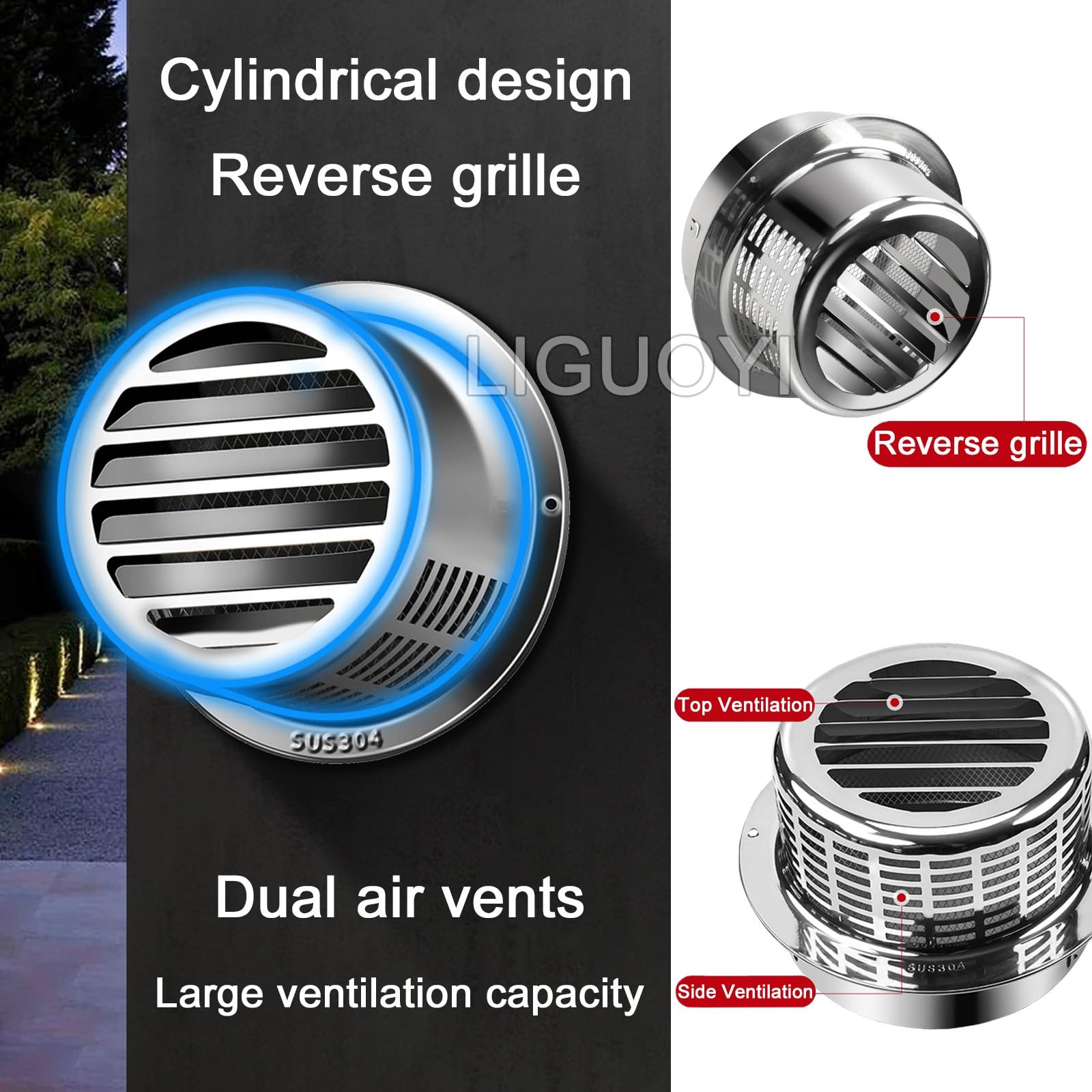 LIGUOYI Grille De Ventilation, Cylindrique, Sortie D'évacuation en Acier Inoxydable 100mm 150mm 190mm Mural Bouches D'aération, Grandvolume d'air Grille D’aération avec Moustiquaire