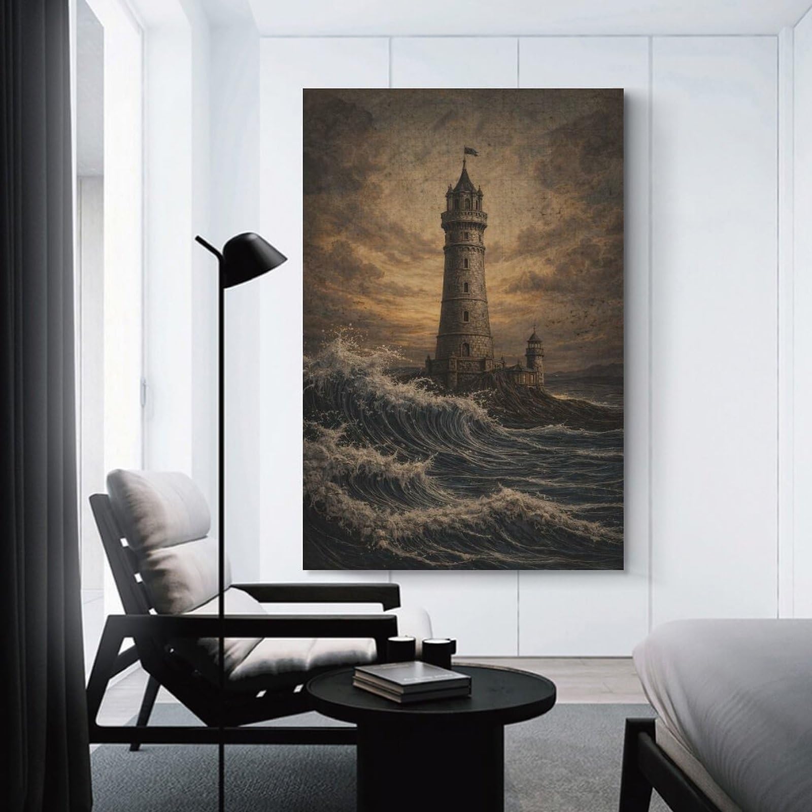 Junmoney Wall Picture Print Stormy Seas Lighthouse, 24x36inch(60x90cm), for Entrance Walls, Hall Decor Or Foyers, A Neat Decor Update for Hallways