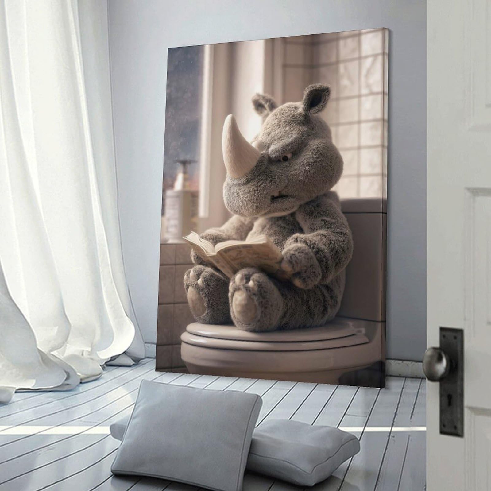 Junmoney Frame-Style-21 Plush Rhino Reading On Toilet Canvas Wall Picture, 12X18inch(30X45cm), For Wall Displays, Bedrooms Or Room Updates, Wall Decor Suited To Curated Displays