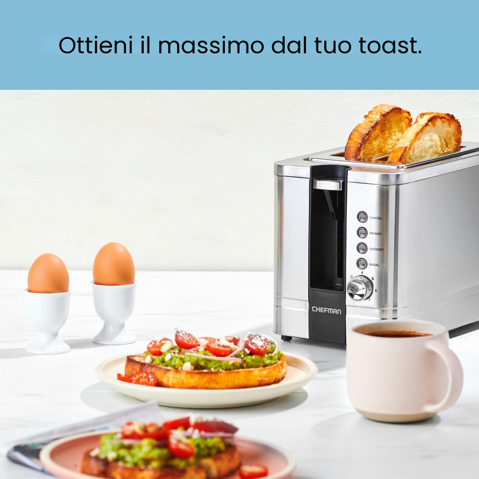 Chefman Tostapane 2 Fette, 7 Impostazioni di Tostatura, Toastiera Pane Spesso e Tostiera Bagel, Riscaldamento, Scongelamento, Annulla, Leva di Sollevamento, Vassoio Raccoglibriciole Estraibile