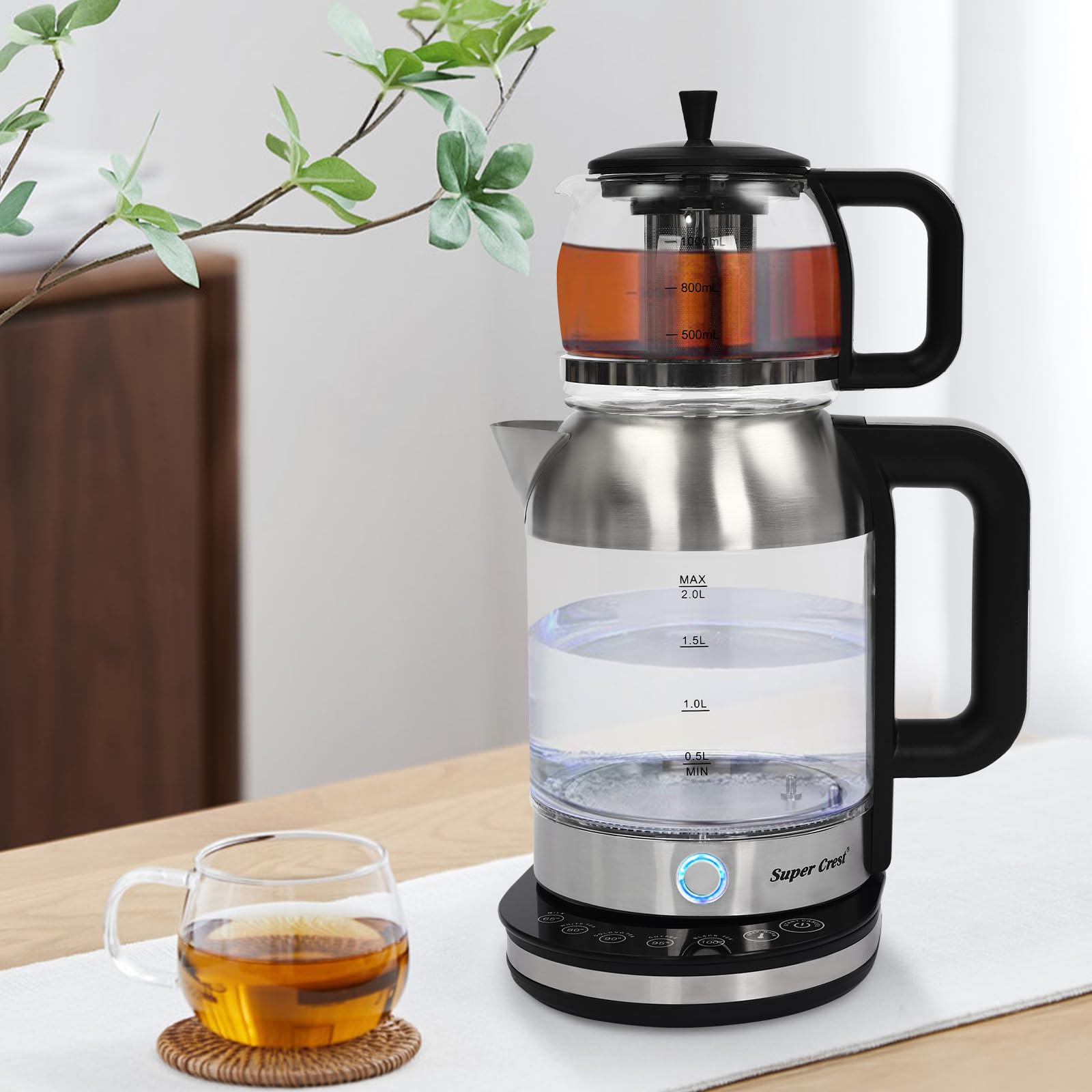 Hervidor de agua de cristal, 1800 W, tetera eléctrica con hervidor de agua de 2,5 L y tetera de 1 L, 5 temperaturas preestablecidas (65 ℃/80 ℃/90 ℃/95 ℃/100 ℃), apagado automático, protección contra