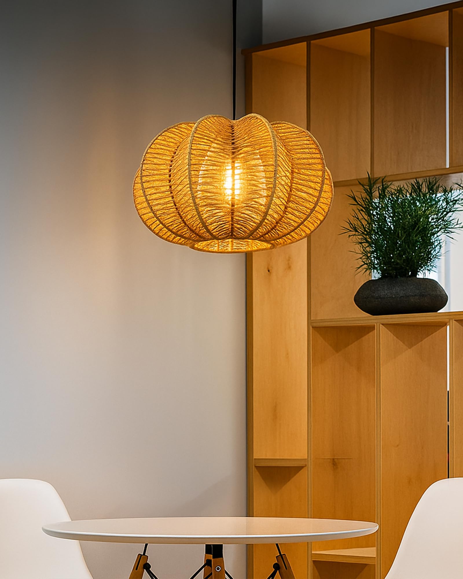 Homesake ® Rattan Seagrass Raffia Kauna Paper Grass Wicker Lamp Premium Pendant Light | Hanging Ceiling Lamp Handwoven, Paper Rope Boho Hand-Woven Lampshade for Home Decor, Beige, Pumpkin-picture-14