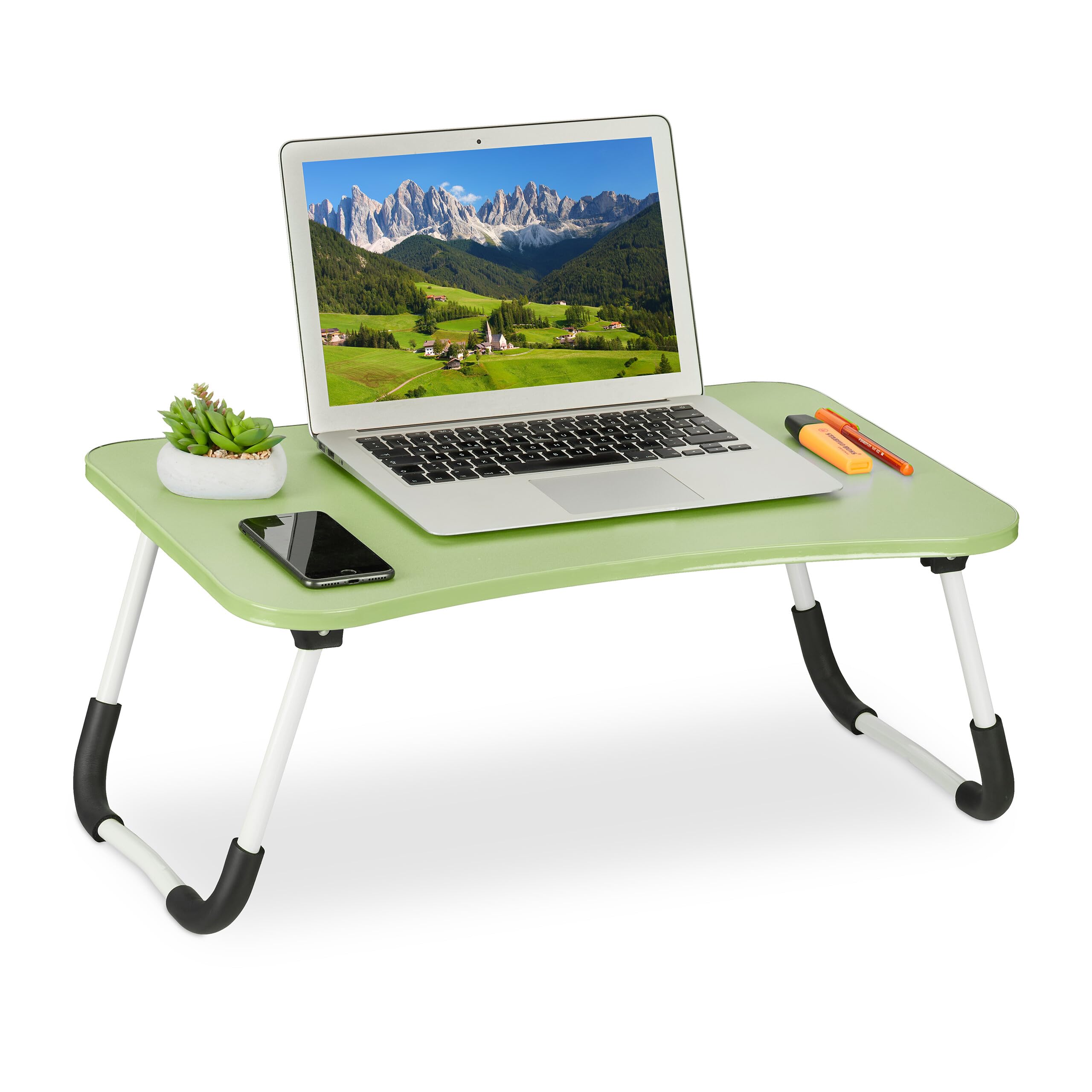 Relaxdays Table de lit, Tablette canapé, HxLxP : 26x63x40 cm, Support Pliable pour Ordinateur Portable, MDF et Fer, Vert