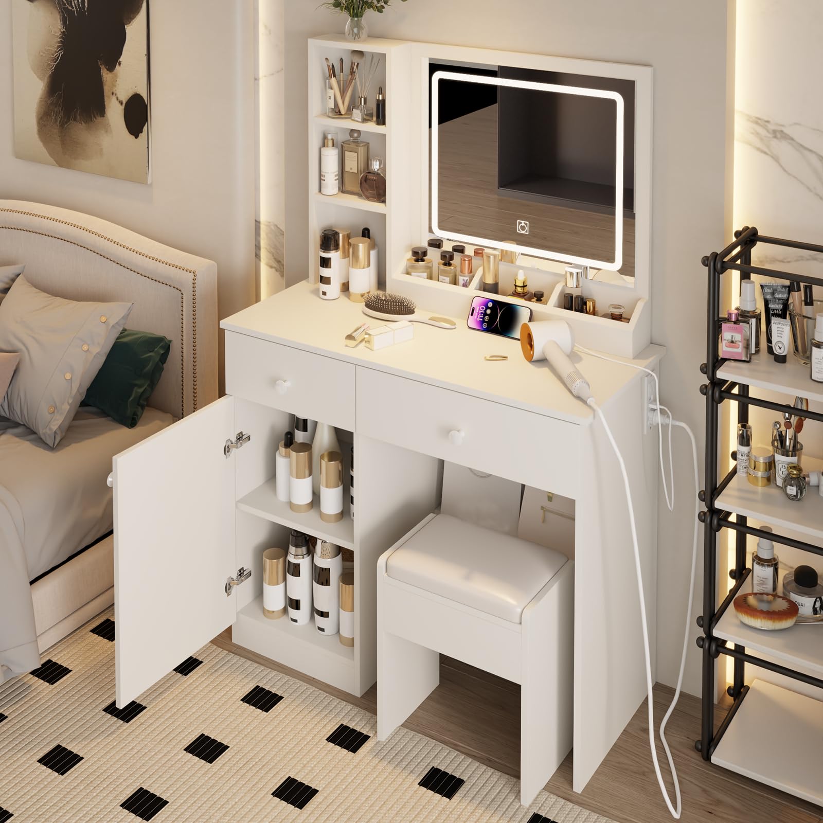 Makeup Vanity Desk with Mirror and Lights, Vanity Table Set with Storage Drawer & Chair & 3 Shelves, 3 Lighting Colors, Adjustable Brightness White Makeup Vanity with Lights (Large with USB)( incomplete)