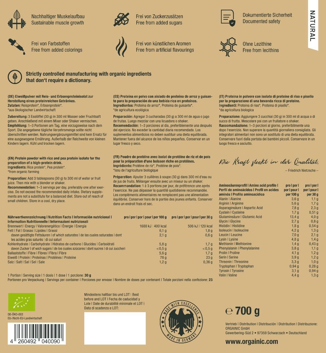 ORGAINIC Bio Vegan Protein - Reis- und Erbsenprotein - Bio Zertifiziert - 700 g - Natural - Premium Eiweiß Pulver ohne Zuckerzusätze - Veganes Proteinpulver - Protein Pulver Vegan ohne Süßungsmittel