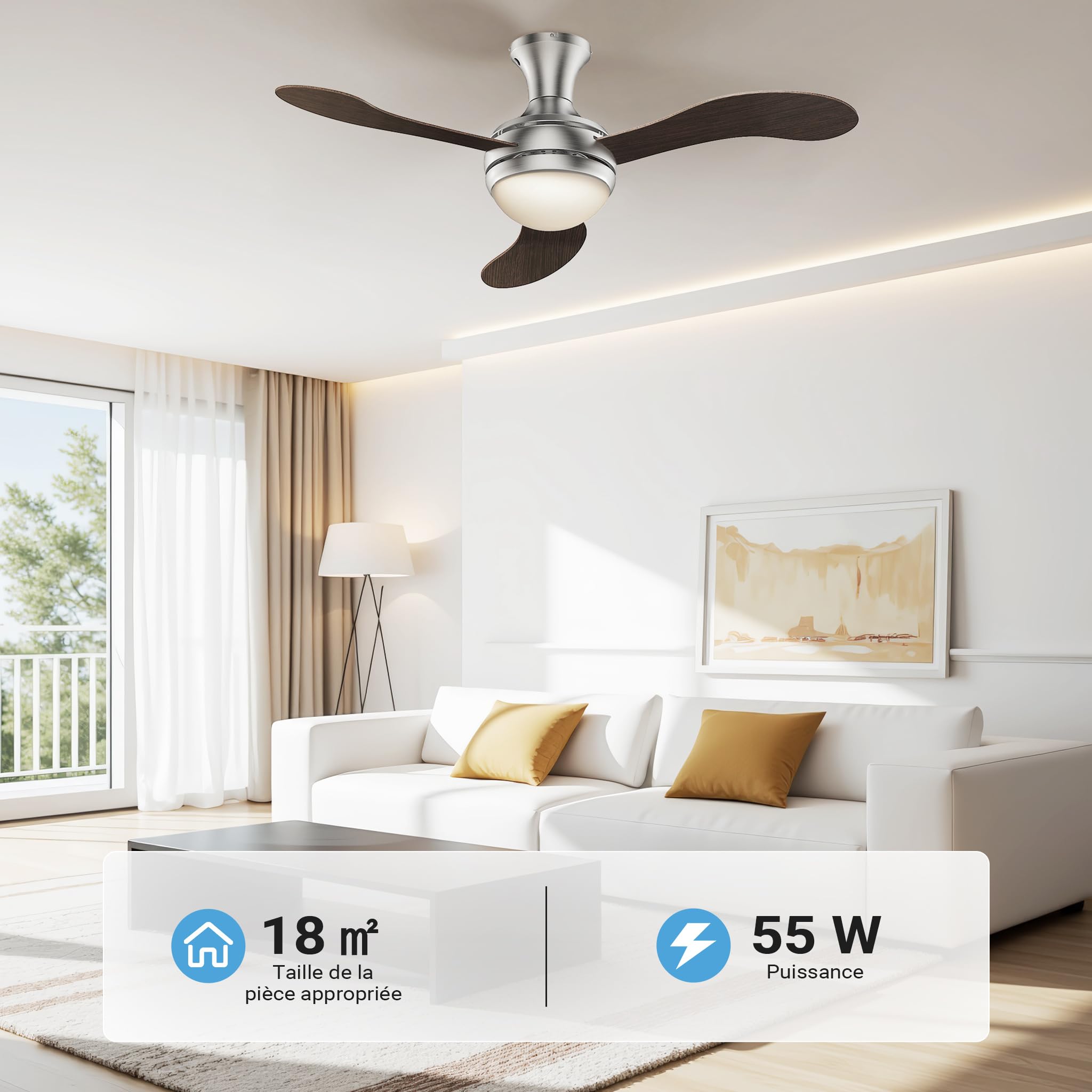 WilTec Ventilateur de Plafond Silencieux 55 W, Ø 130 cm, Max. 18 m², 3 pales, plafonnier intégré, brasseur d’air avec Lampe Lustre luminaire
