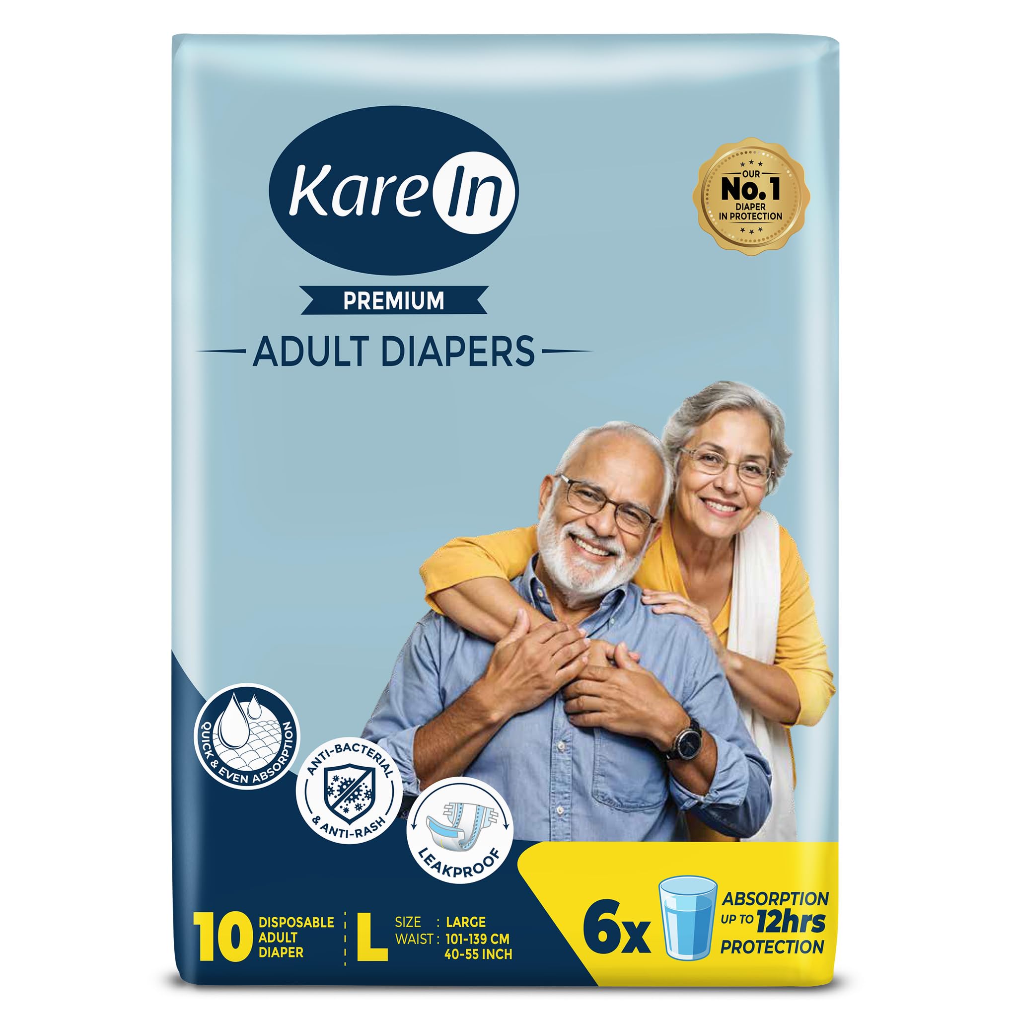 KareIn Pañales prémium para adultos, talla L, cintura de 101-139 cm, estilo cinta, unisex, alta absorción, a prueba de fugas, indicador de humedad, 10 unidades