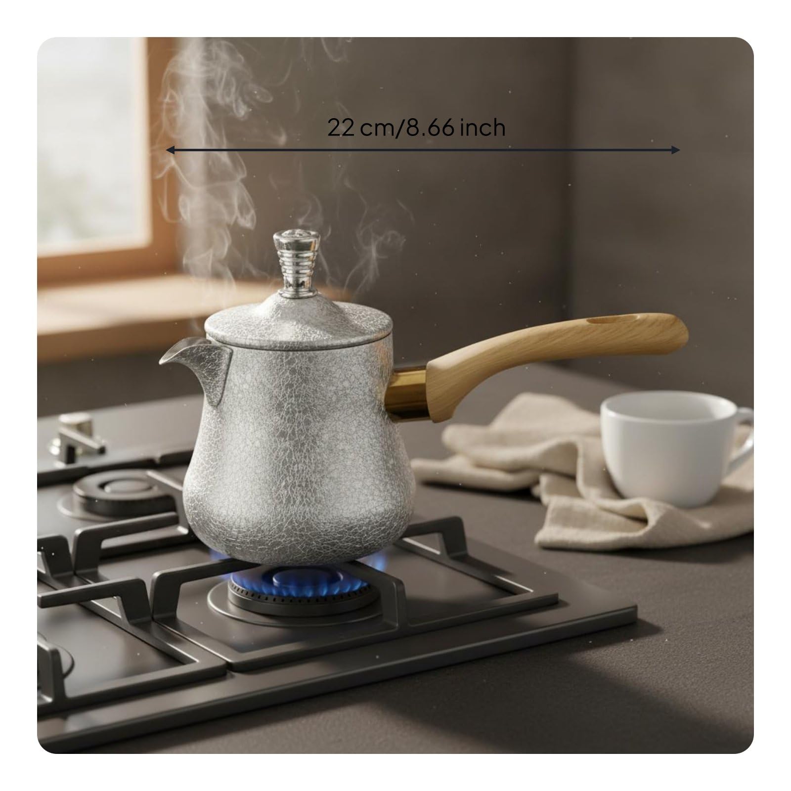 Cafetera Turca Jarra Tetera Hervidora Fabricada en Acero Inoxidable Mango de Madera Antideslizante para Café O Leche Adecuada para Casa y Camping, 550ML, Tapa Plata Estilo1
