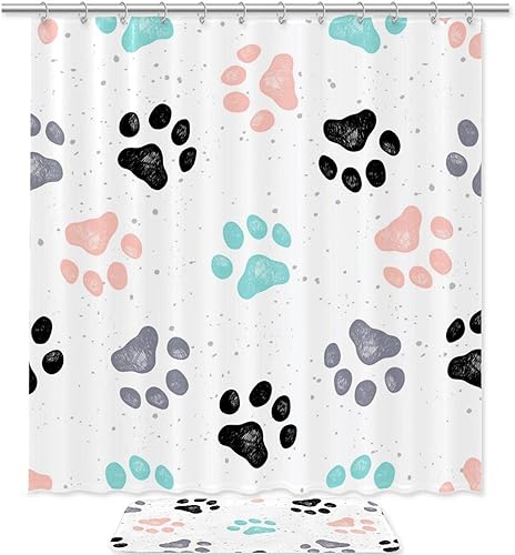 Juego de cortinas de ducha y tapetes de poliéster con ganchos de 708 x 708 pulgadas de color negro verde rosa y gris con patas grises