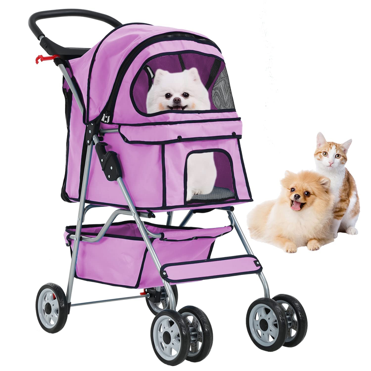 Dog Cat Stroller 4-Wheel pet Running cart, Foldable Waterproof pet Stroller with Cup Holder and Removable Lining, Suitable for Small Pets Suitable for