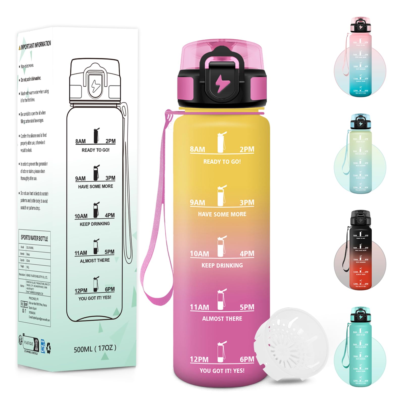 Baramumu Botella Agua, 500 ml Libre de BPA, Botella Agua Niños, Diseño de Cerradura a Prueba de Fugas, cantimplora, Con Marca de Tiempo, Cantimplora Infantil para Escuela, Deportes - Amarillo&rosa