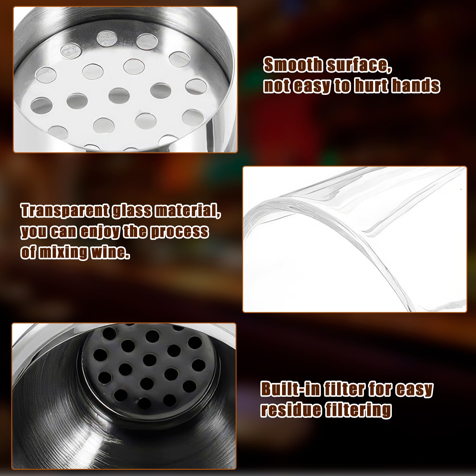 OUZHOU Shaker per cocktail, set da 4 pezzi, shaker da cocktail in vetro con coperchio in acciaio inox, a prova di perdite, shaker per coktail, set con misurino per vino, bastoncini di miscelazione per