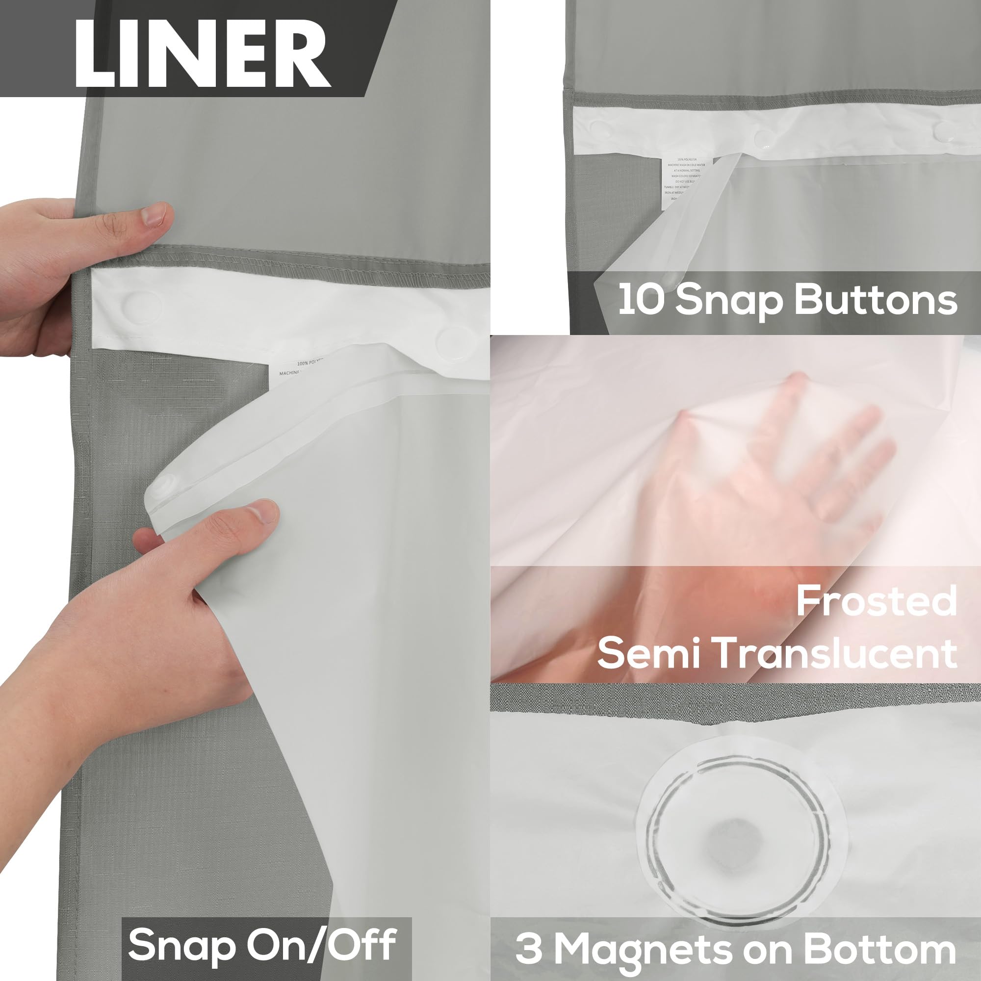 No Hook Slub Textured Shower Curtain with Waterproof PEVA Liner Set, 71" x 74"(72"), Hotel Style with See Through Top Window - Image 4