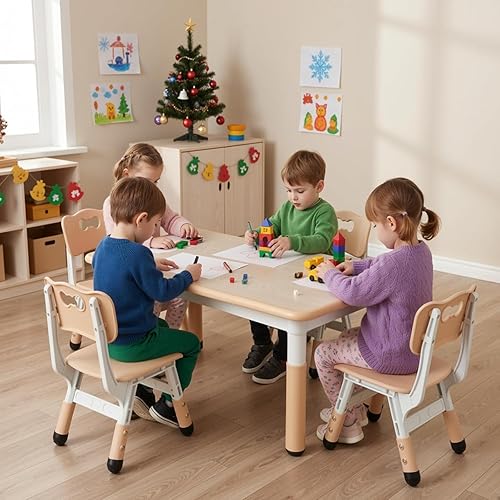 Miniatura 7 de Arlopu Juego de mesa y 4 sillas para niños, juego de mesa y sillas para niños pequeños, patas antideslizantes, escritorio de graffiti, mesa de