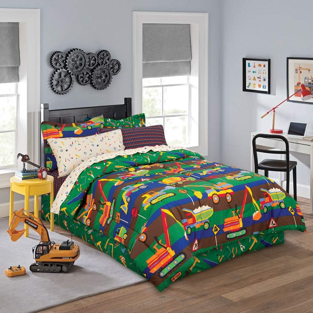 Kidz Mix Construction Zone Tools & Trucks Bed in a Bag, Full, Green/Yellow/Blue