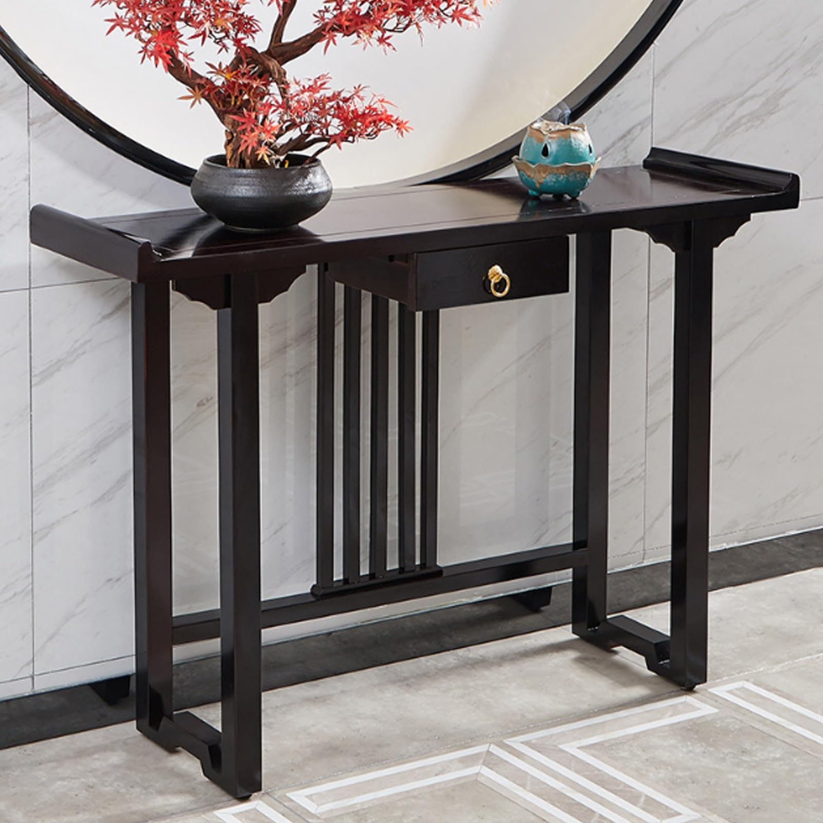 Console da ingresso in legno massello stile cinese moderno, tavolo consolle moderno per ingresso e soggiorno con cassetti, consolle lunga vintage stile altare(80cm/31.5in)