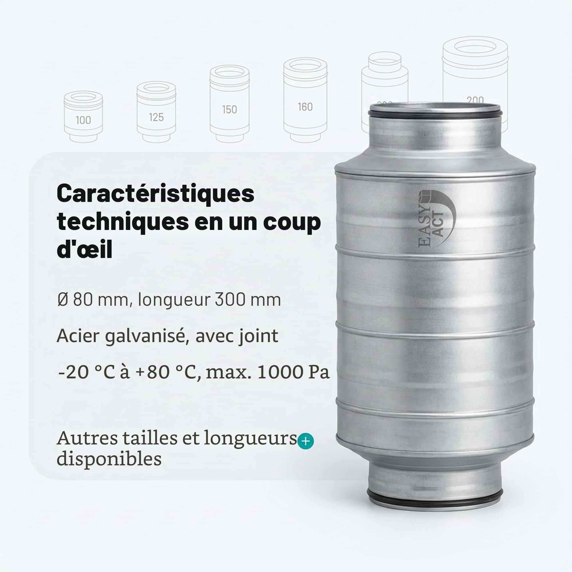 Easy Act Silencieux de 80 mm de diamètre, longueur 300 mm, silencieux tubulaire efficace en acier galvanisé pour réduire le bruit dans les systèmes de ventilation