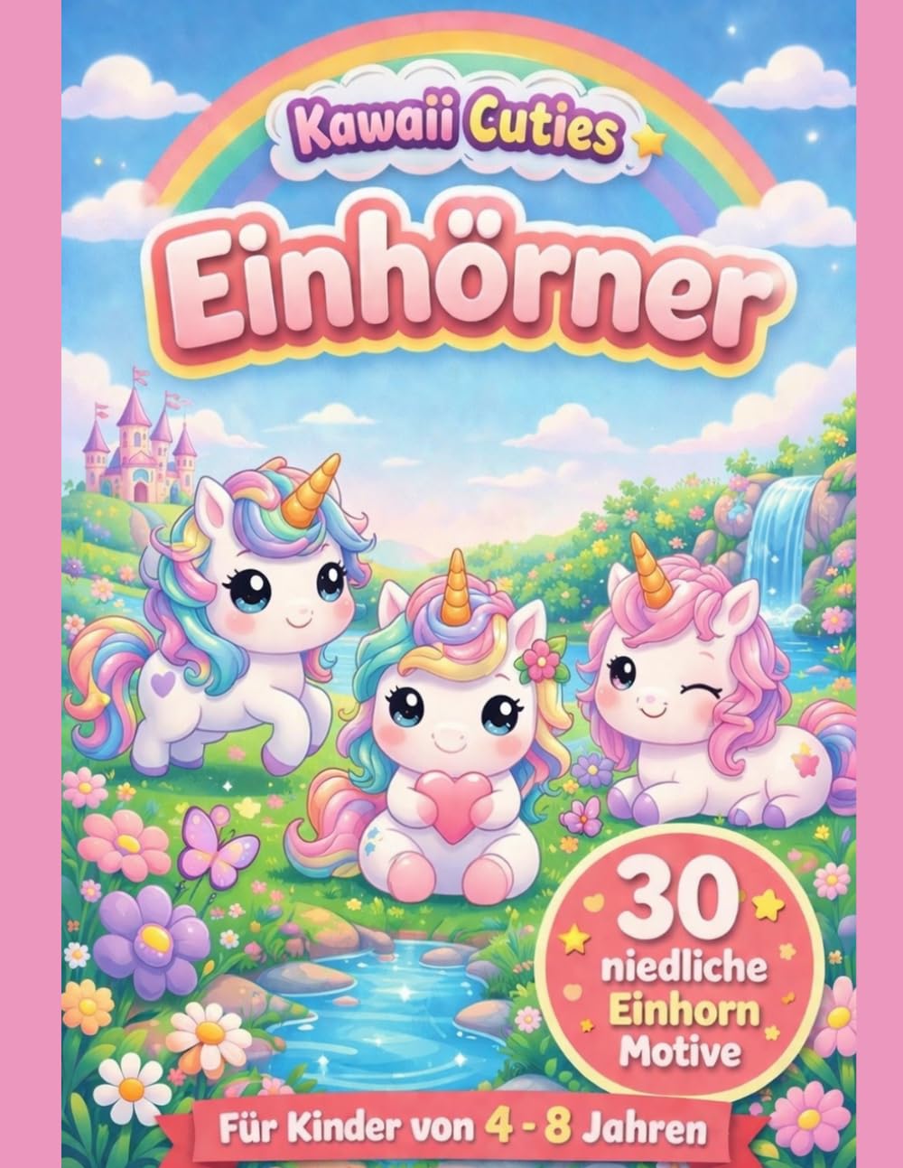 Kawaii Einhörner Malbuch für Kinder: 30 niedliche Unicorn Motive – Ausmalbilder für Mädchen & Jungen von 4–8 Jahren | Süße Tiere, Regenbogen, Fantasie Malbuch (Kawaii Cuties by Valeria Kunterbunt)