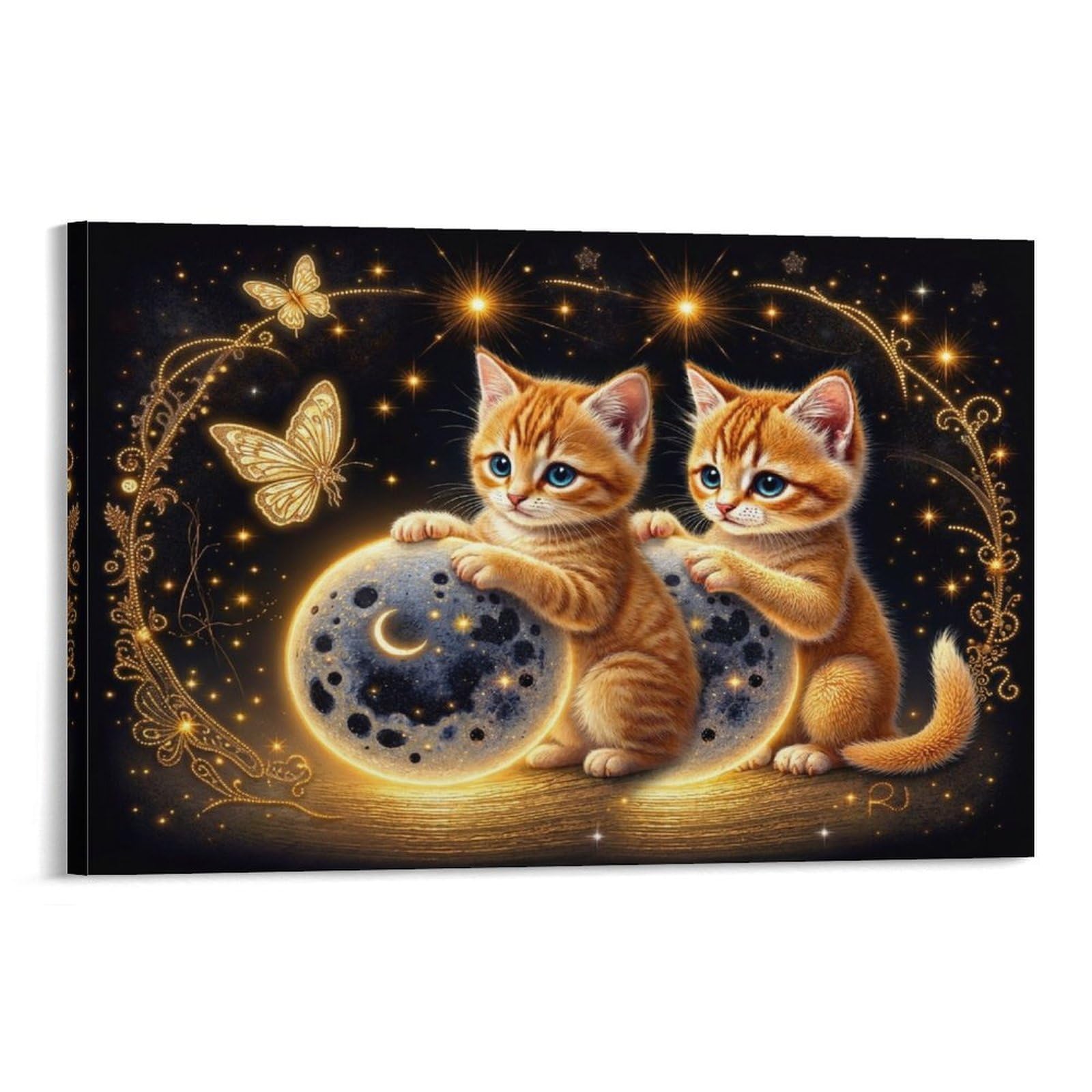 CPLVKWRQJ Cute Kitten Moon Individual Two Ginger Kittens Moon Orbs Canvas Print - Office Wall Art Fade Resistant Statement Piece Ready to Hang 16x24inch(40x60cm)