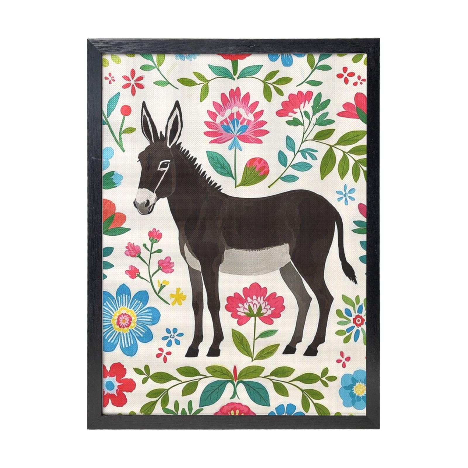 Framed Wall Art - Decorative Canvas Painting Donkey and floral print Pictures Poster Aesthetic Modern Prints Artwork for Bedroom Office Wall Decor Ready To Hang 12x16 in