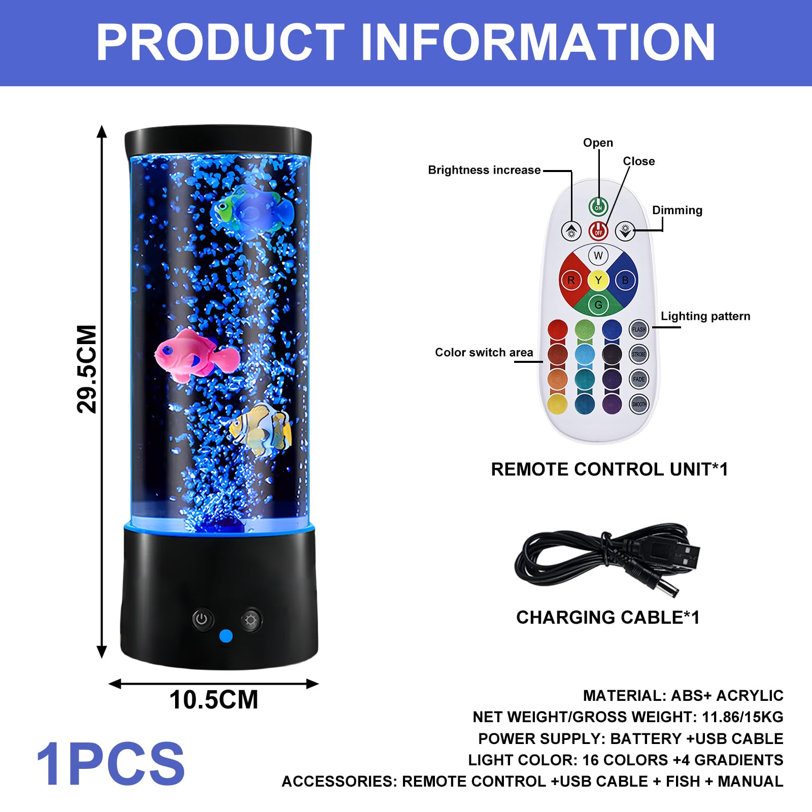 Lámpara de Lava Con Pez y Burbujas - 16 Colores y 4 Modos - Mando a Distancia - Ambiente Para Acuario - Cable USB
