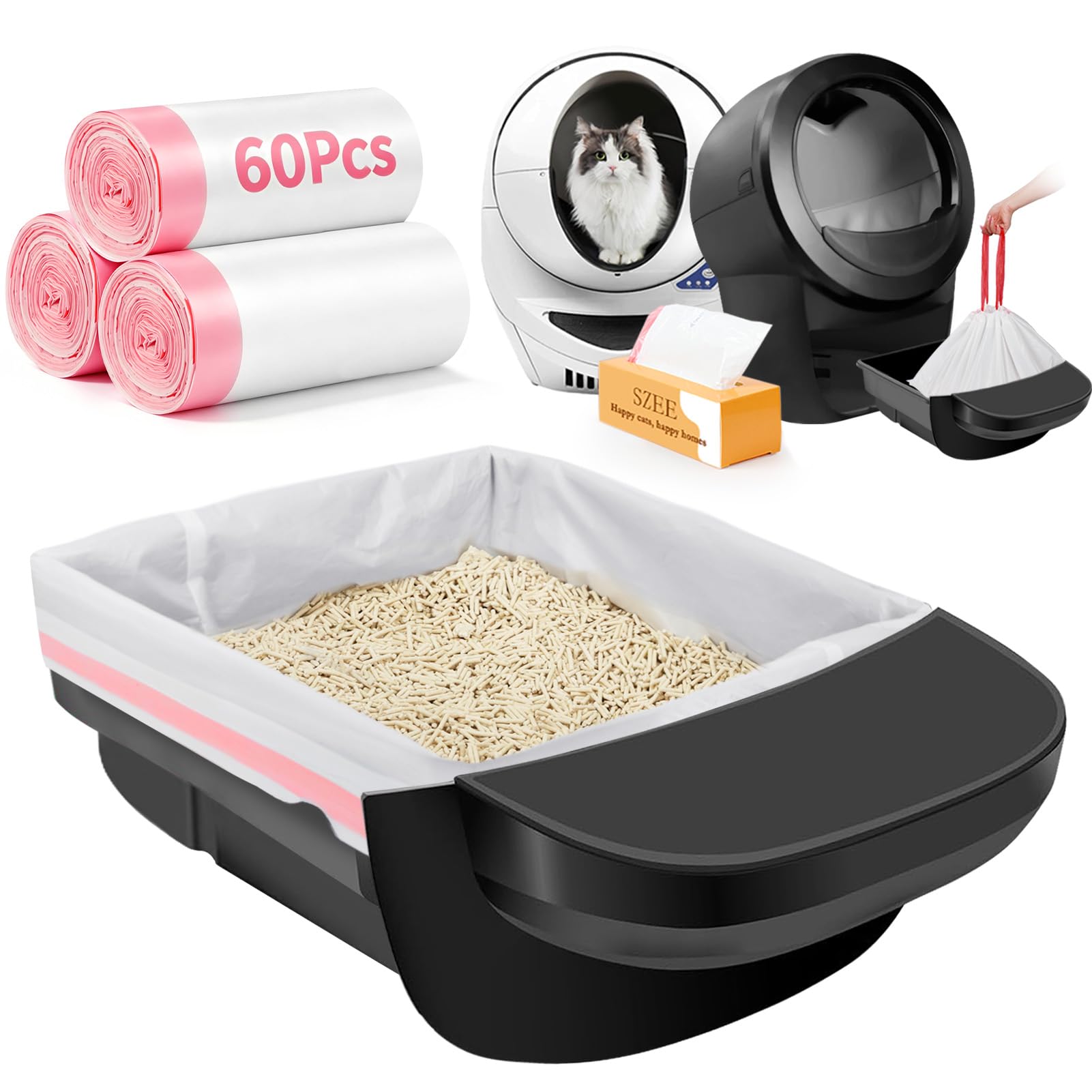 SZEE 60 Pack Litter Robot 4 Waste Bags, Large Drawstring Litter Box Liners, Heavy-Duty Liners for Automatic Litter Box