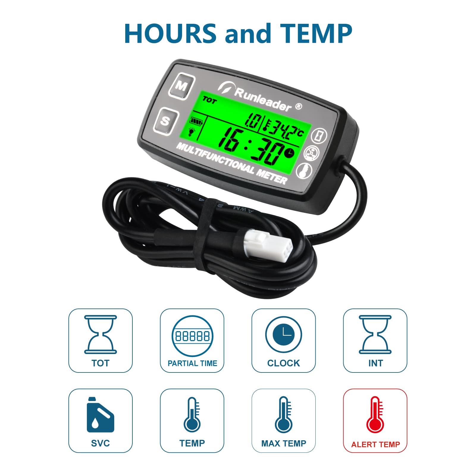 Runleader Digital Hour Meter Tachometer, Misuratore di Temperatura Motore con Alert Temp, 3 Retroilluminazione Display per Generatore Motoslitta Prato Trattore Pit Bike Compressore Marine (RL -HM035A)