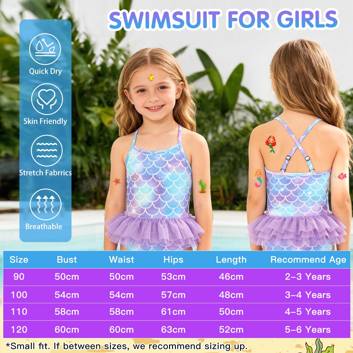 Bañador Niña, Traje de Baño de Una Pieza para Niñas 4 en 1, Ropa de Baño Sirena con Gorro, Gafas de Sol y Tatuajes, Tirantes Ajustables, Ideal para Playa y Piscina, Natación Verano