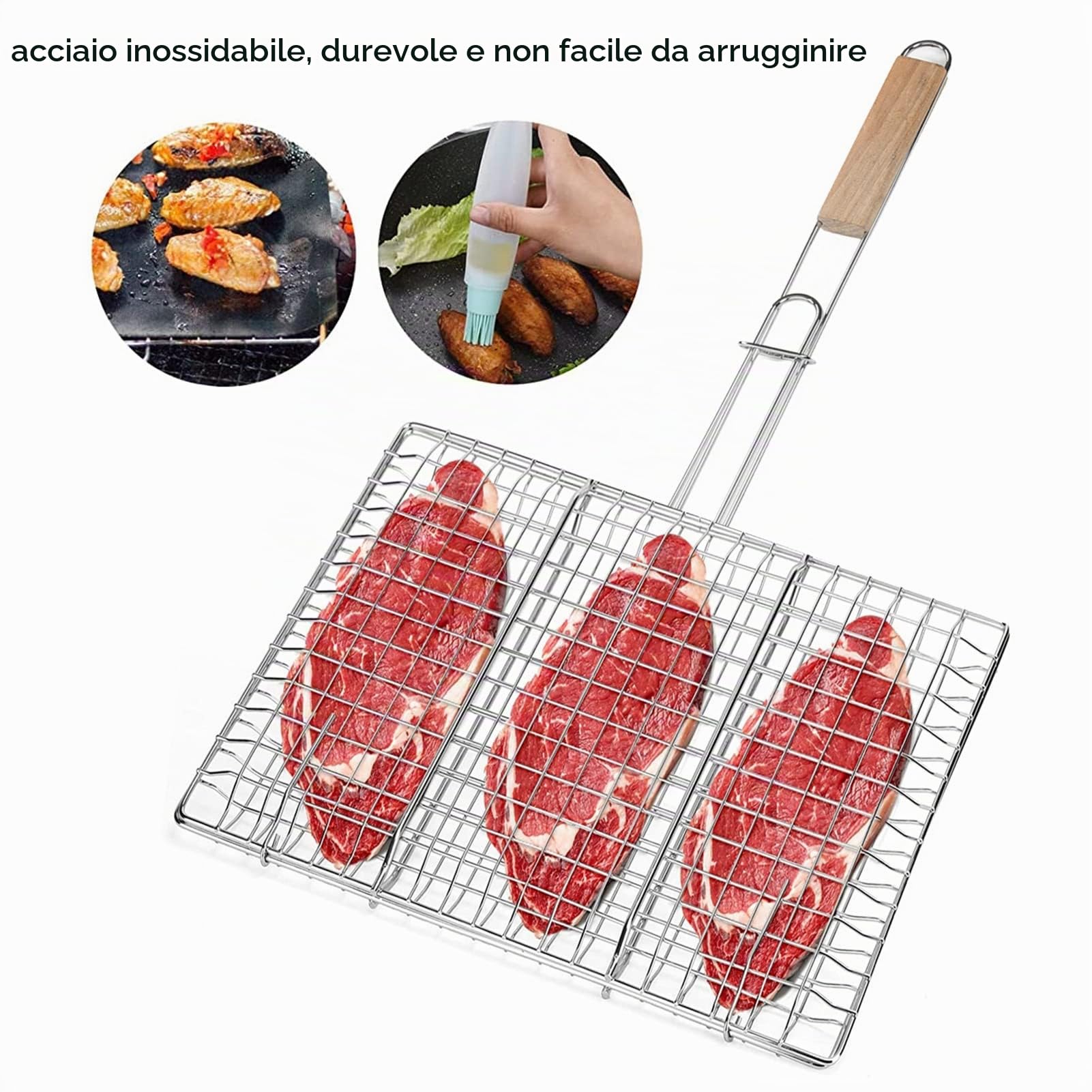 Cestello per griglia, griglia in acciaio inossidabile, distribuzione uniforme del calore, antiruggine, facile da fissare, griglia per pesci, manico in faggio antiscottatura, griglia per barbecue