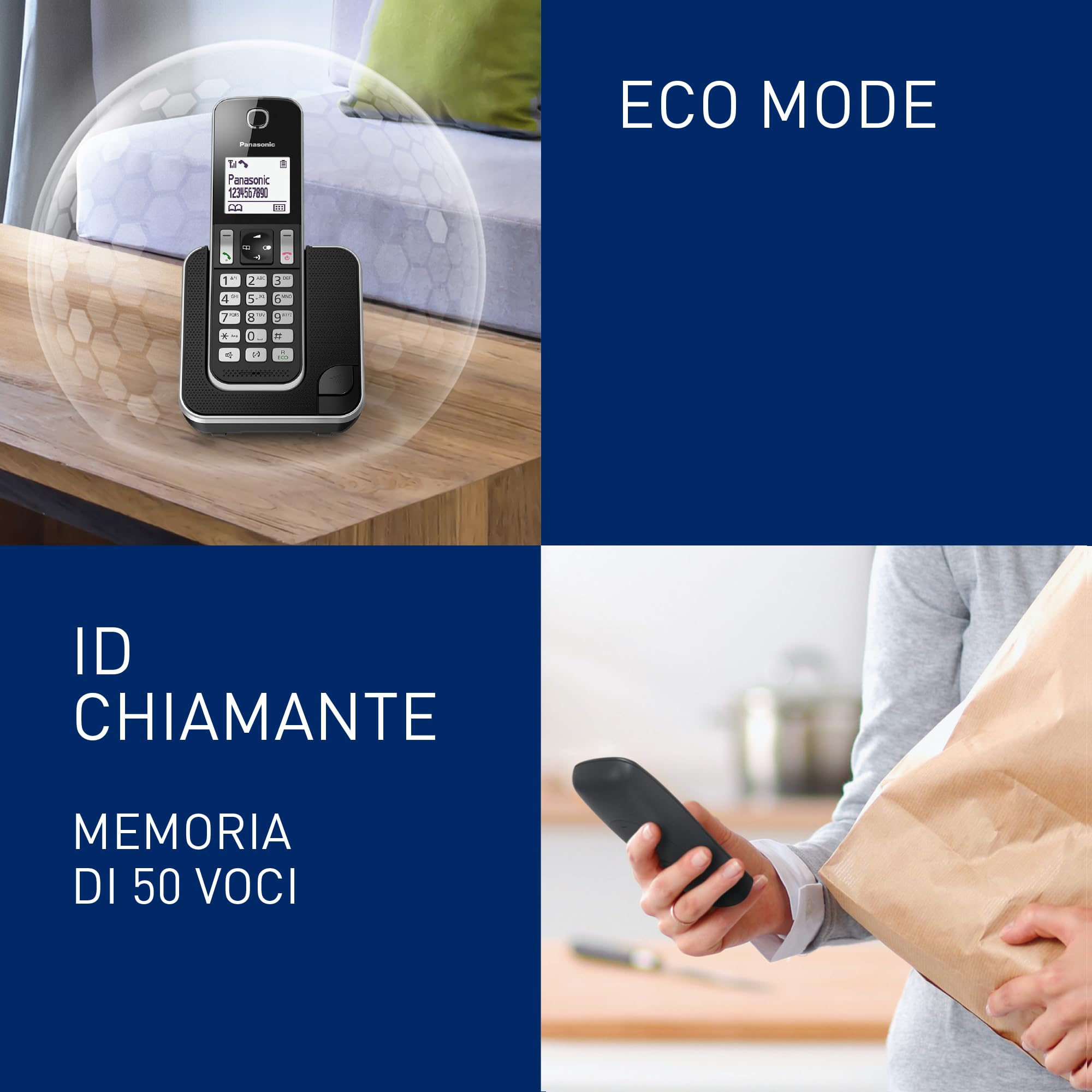 Panasonic KX-TGD310JTB Telefono Cordless Digitale, Unità Base e 1 Ricevitore, Display LCD Bianco, Vivavoce, ID Chiamante, Blocco Chiamate Indesiderate, Modalità Eco Plus, Sicurezza DECT, Nero