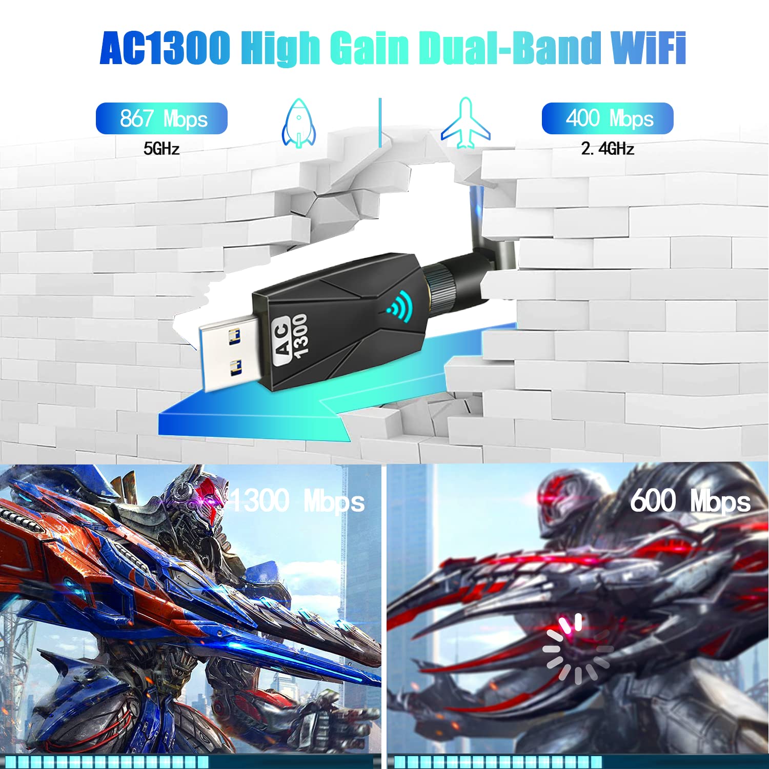 Adaptateur WiFi USB AC1300 Mbps - Double Bande 2.4G/5GHz - Compatible PC Windows/Mac - Antenne 5dBi
