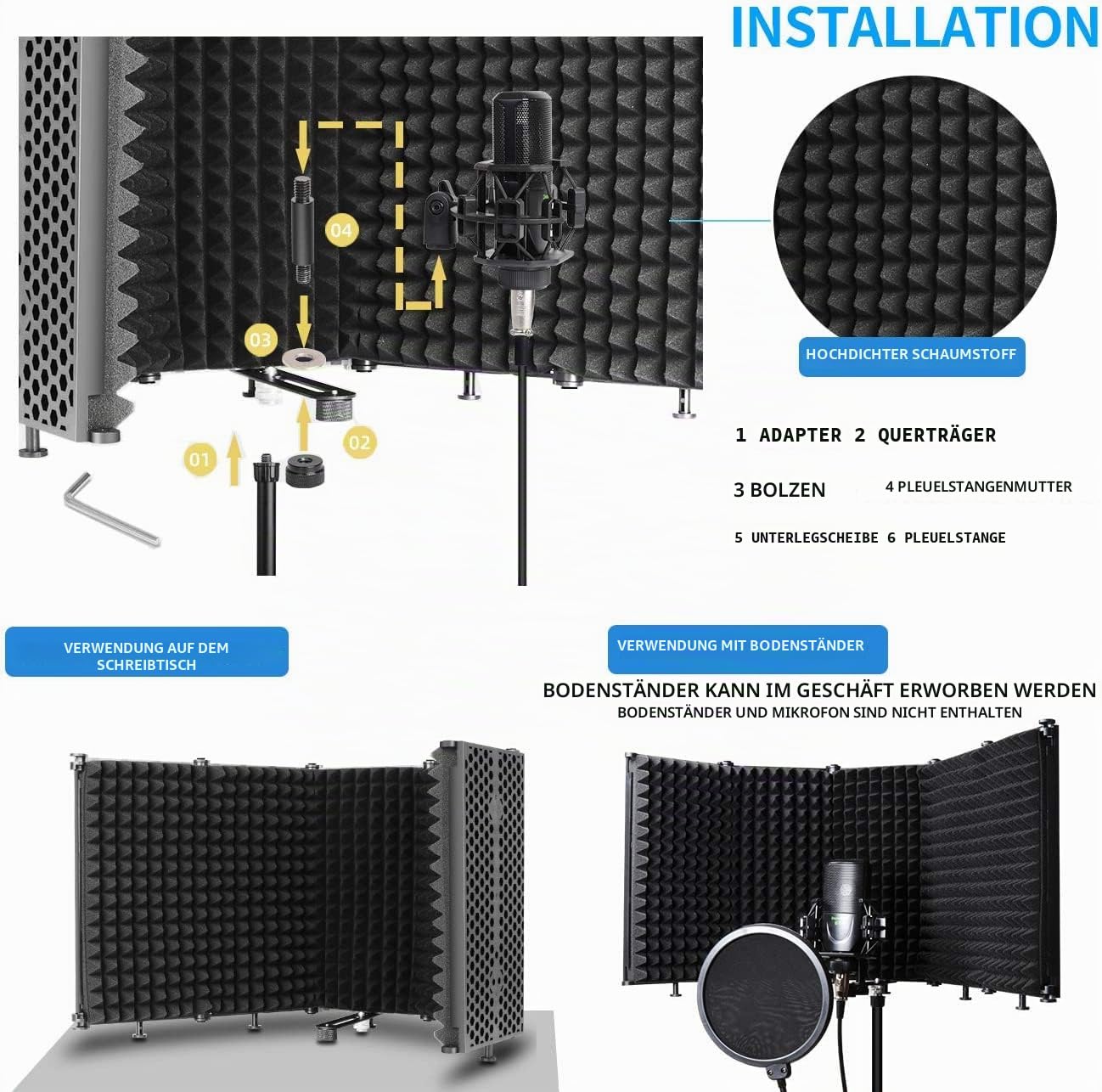 Depusheng Faltbares Mikrofon Isolationsschild Studioaufnahme Live Übertragung 5 Panel Popfilter Einstellbarer Mikrofonisolator mit hoher Dichte, Schwarz