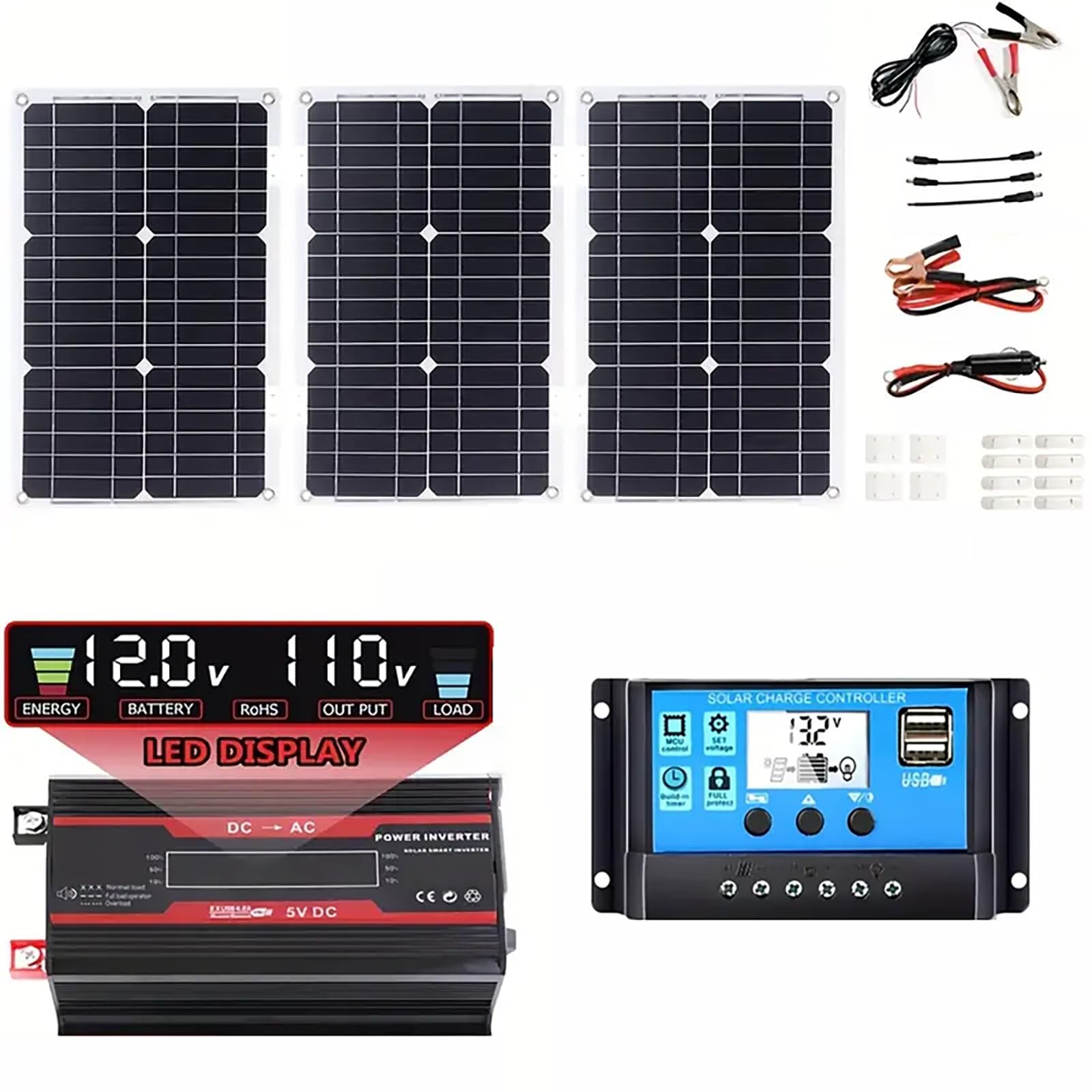 Kit Onduleur Solaire Complet 4000W Kit Panneau Solaire Pour Caravane Comprenant Un Régulateur 50A Et Un Panneau Solaire 75W Pour La Production D'électricité À La Maison Et En Plein Air(Black,12V-110V)