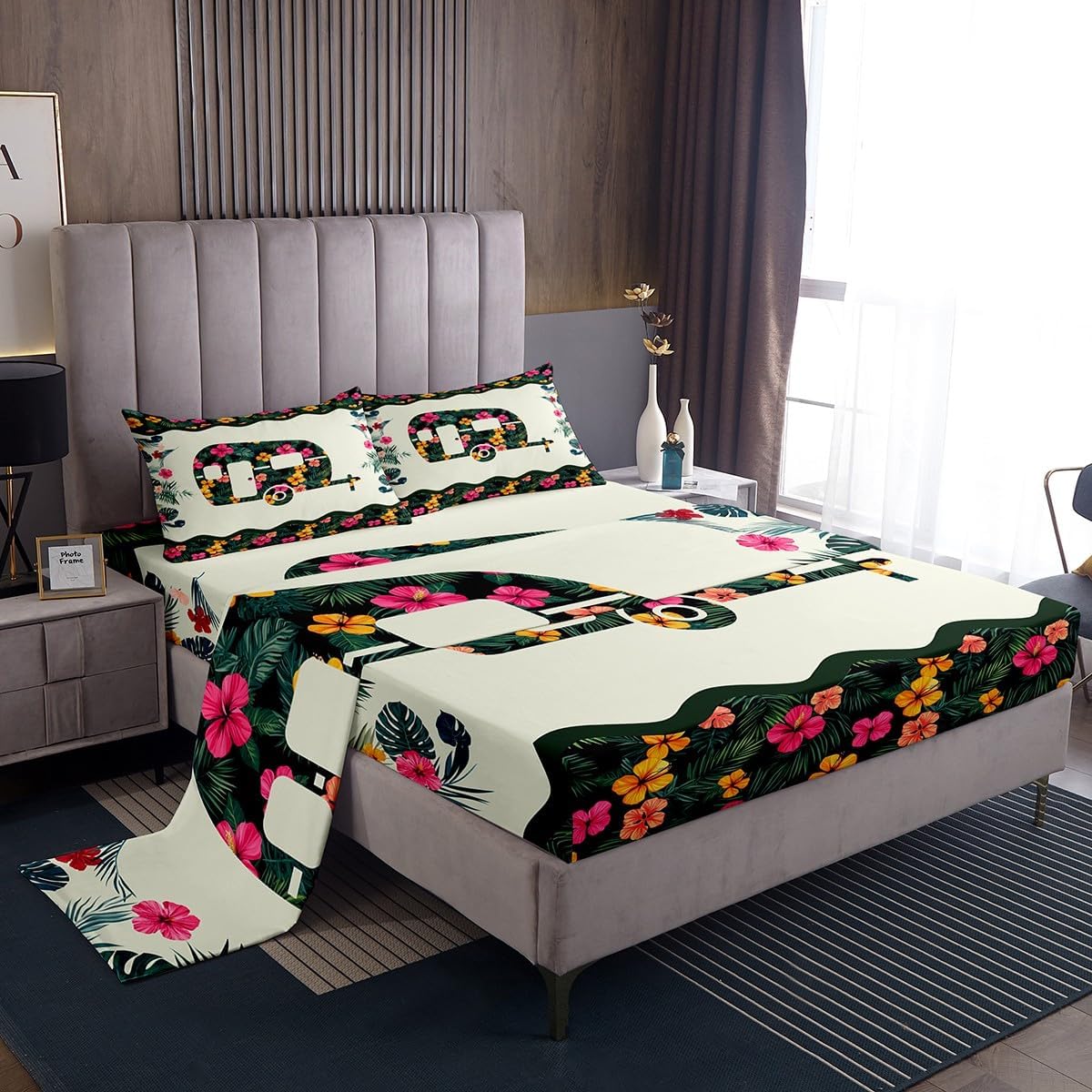 Erosebridal Camper Sheet Set,Palm Leaves Camping Fitted Sheet Flowers Camp Travel Car Bed Sheets Queen,Botanical Camping Themed Bedding Bed Cover Camping Decor Camping Gift